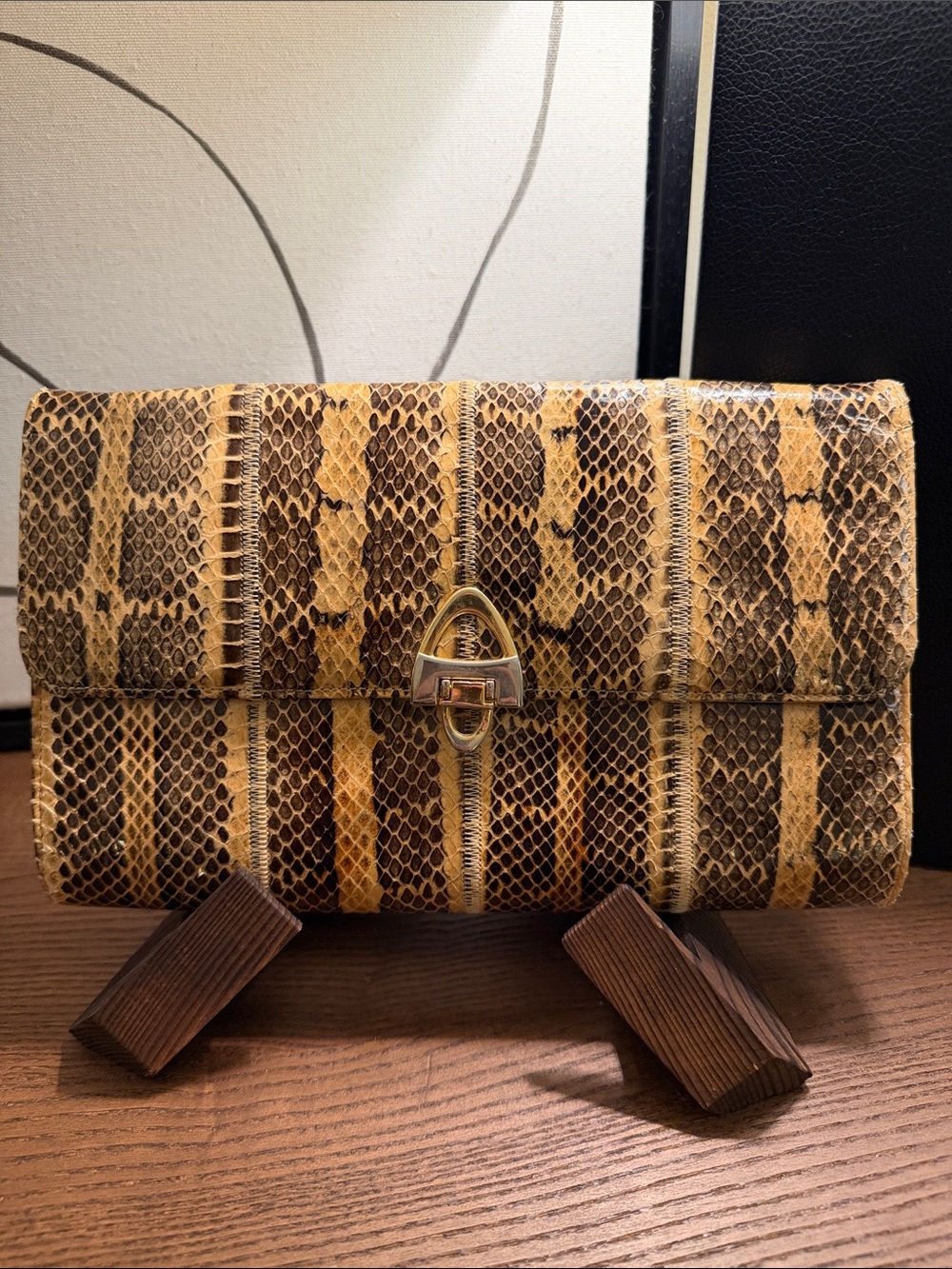 Vintage Python-Print Foldover Clutch in Brown and Tan